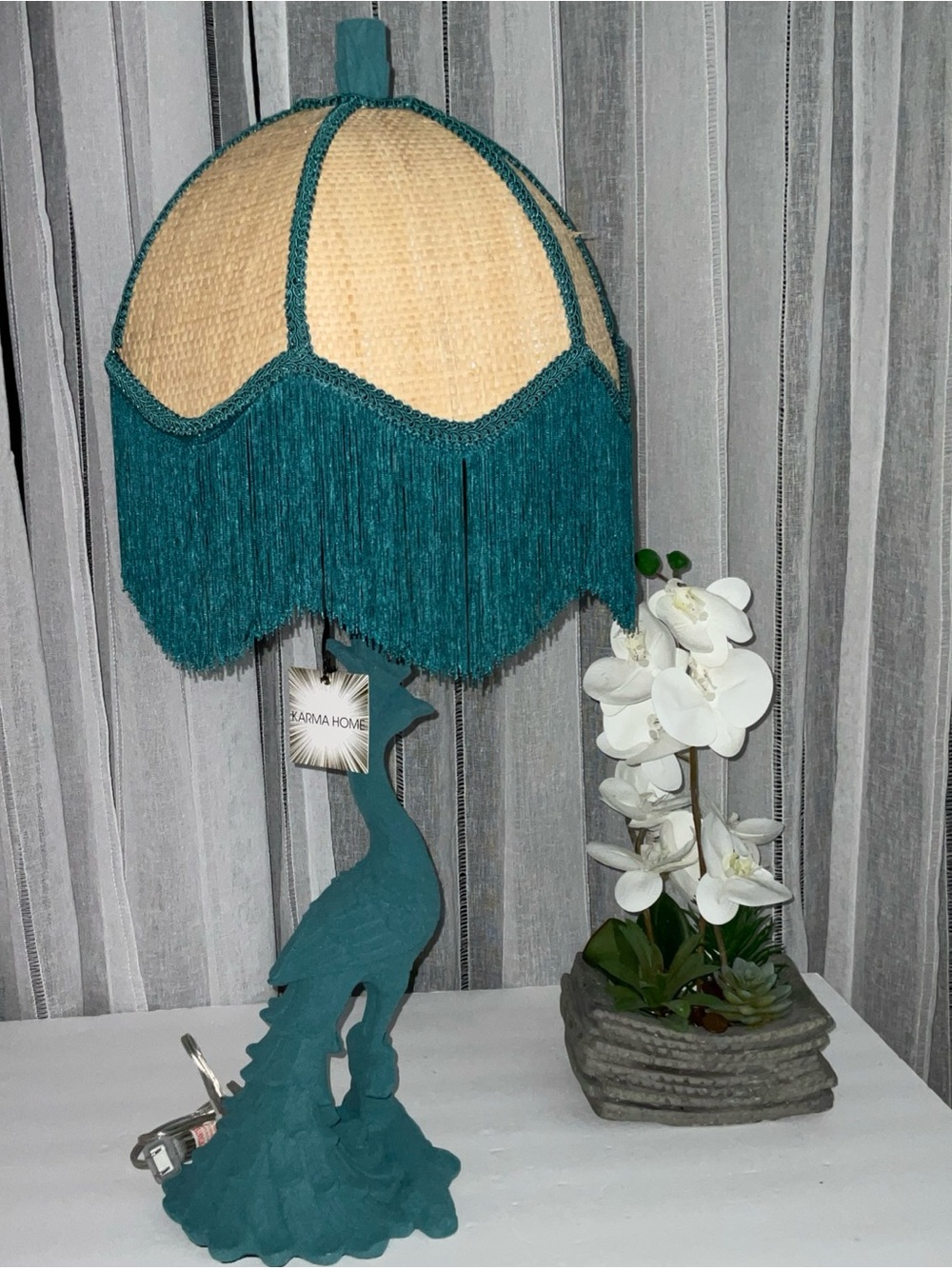 KARMA HOME GREEN 29” POLYRESIN BOHO FRINGED DOME RAFFIA UMBRELLA SHAD TABLE LAMP